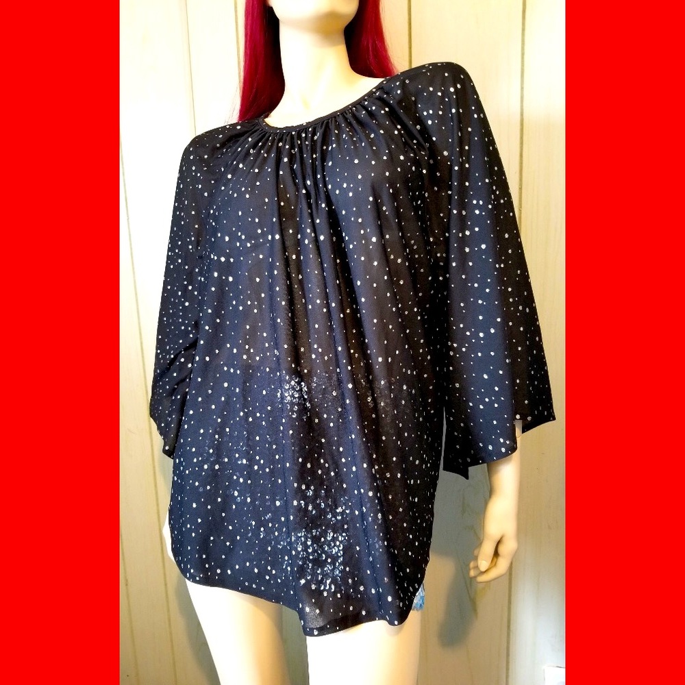Vintage 70s Goth Bat-Girl Black w/Silver Glitter Polka Dots Batwing Party Top